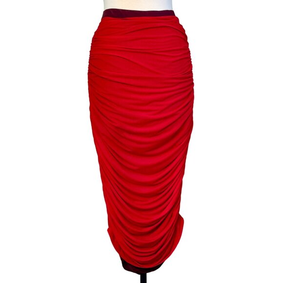 Simon Miller Lava Red Layered Mesh Ruched Sides Pluto Midi Skirt $198 Size L NEW - Picture 1 of 12